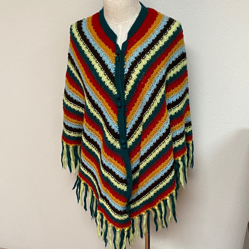 Vintage Vibrant Striped Women's Poncho with Fringe